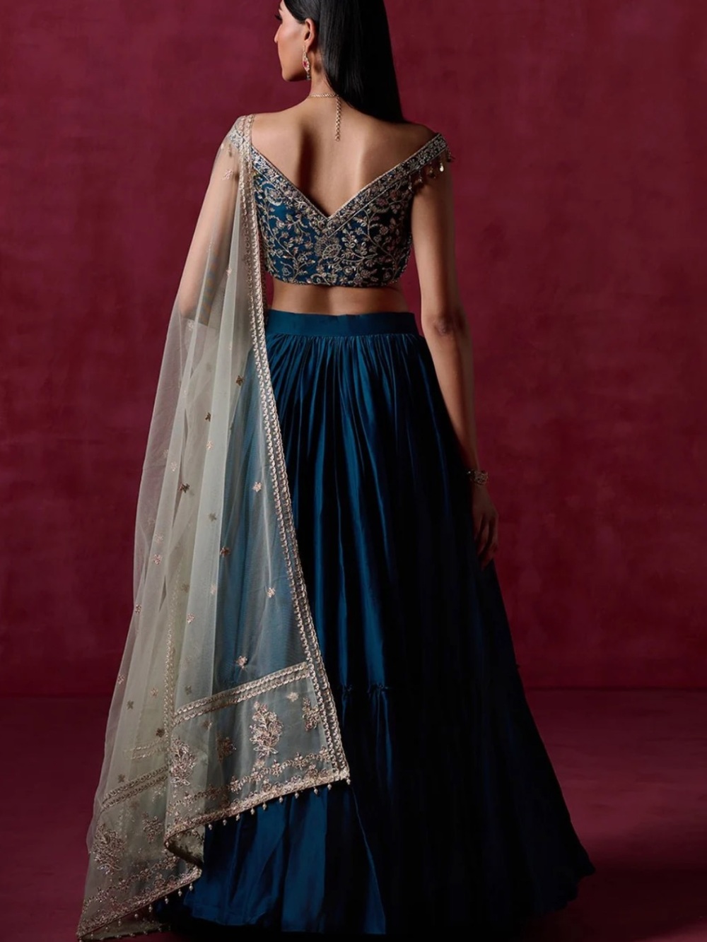 Teal Green Embroidered Crepe Silk Lehenga